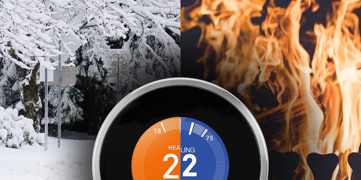 picture split in half with one side showing a frozen climate with half of a smart thermostat showing a heating setting. the other half of the picture shows fire with the half of the smart thermostat showing a cooling setting