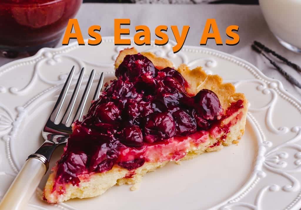 cherry pie on white plate with fork laying next to it with the words 