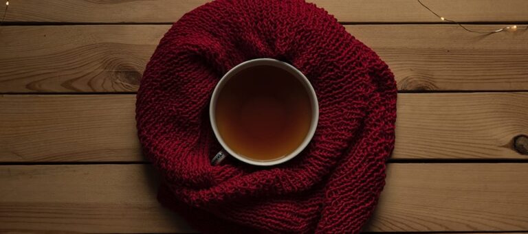 top view of a cup of tea sitting on a maroon blanket