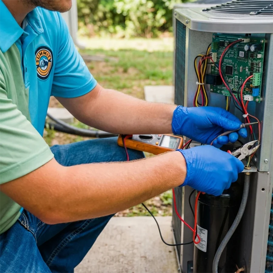 HVAC contractor from Summit Air working on an external unit