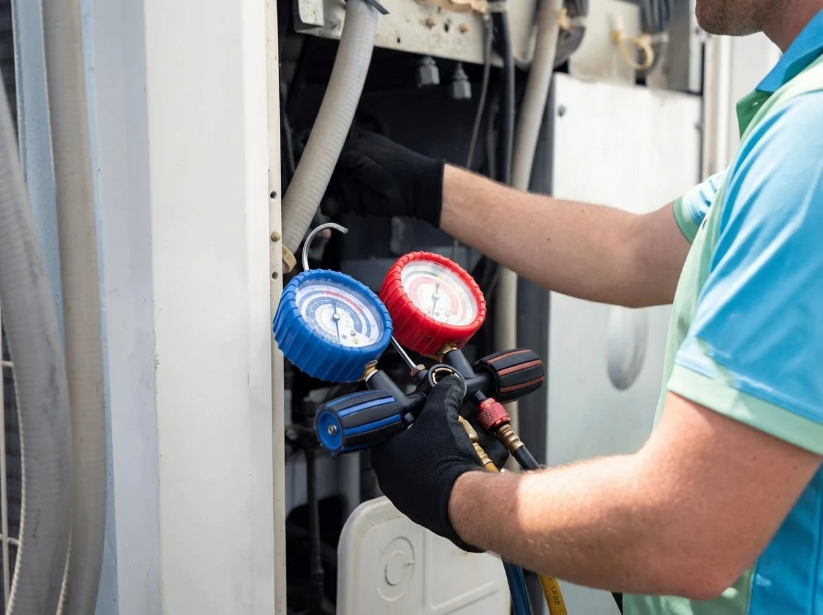 Technician using a manifold gauge on an HVAC unit