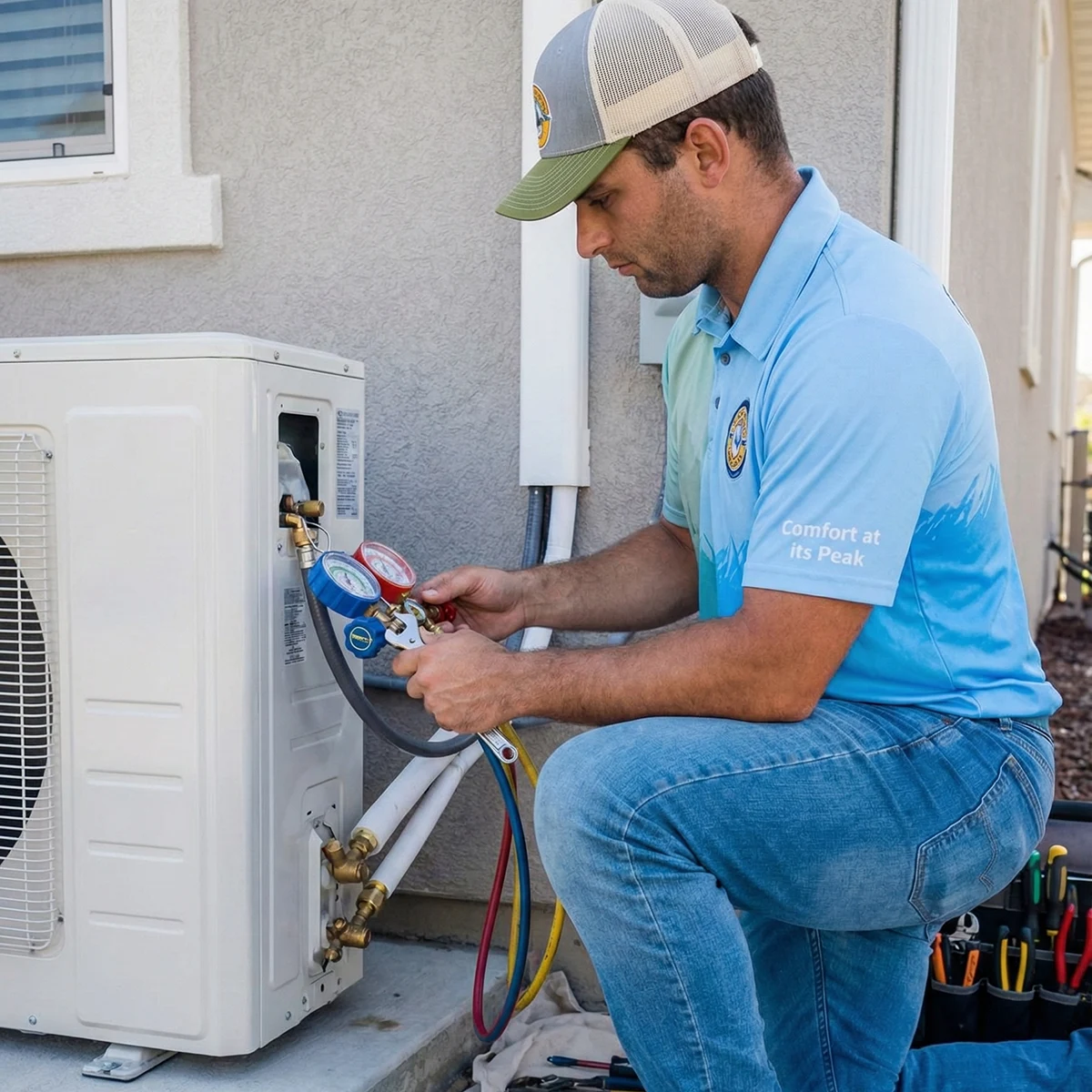 Summit AC team member working on an outdoor unit of a heat pump or AC system